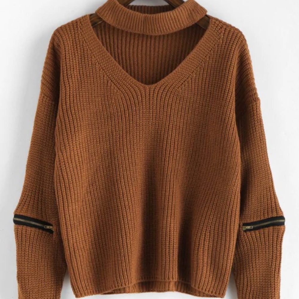 Sweater with Choker Neckline and Faux Zippers